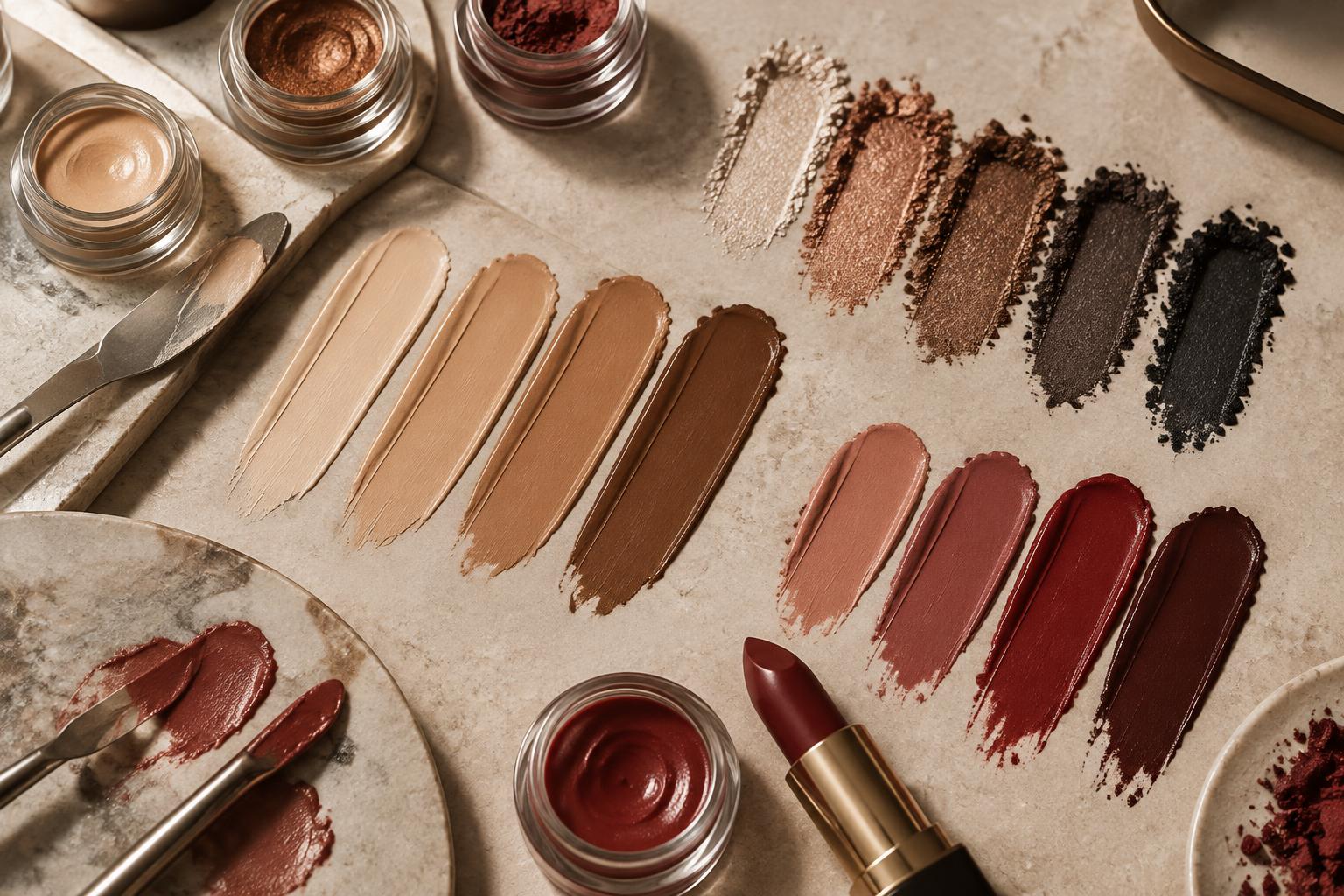 Complexion, eye and lip shade swatches during color development