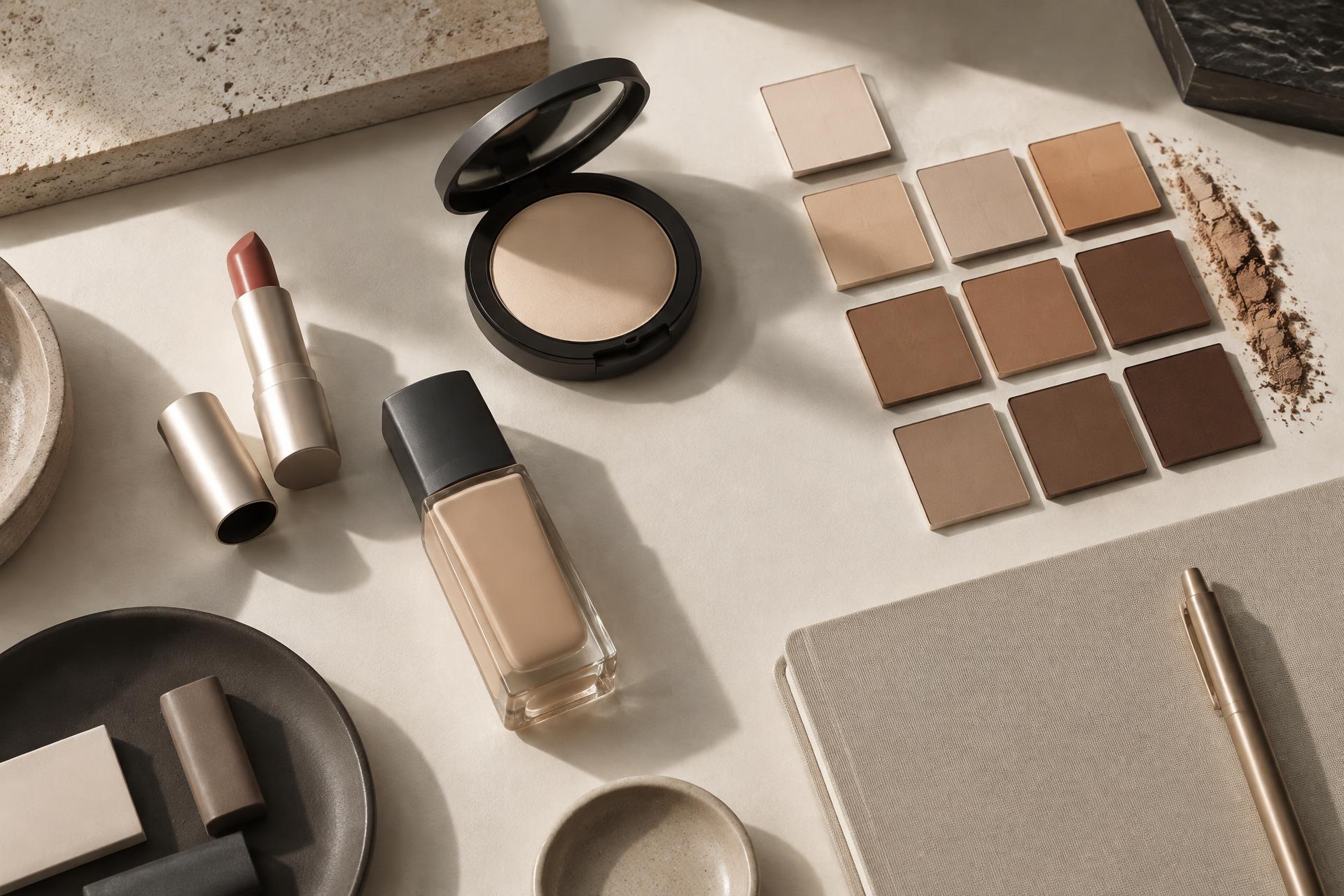 Unbranded cosmetic components arranged beside pressed powder shade samples
