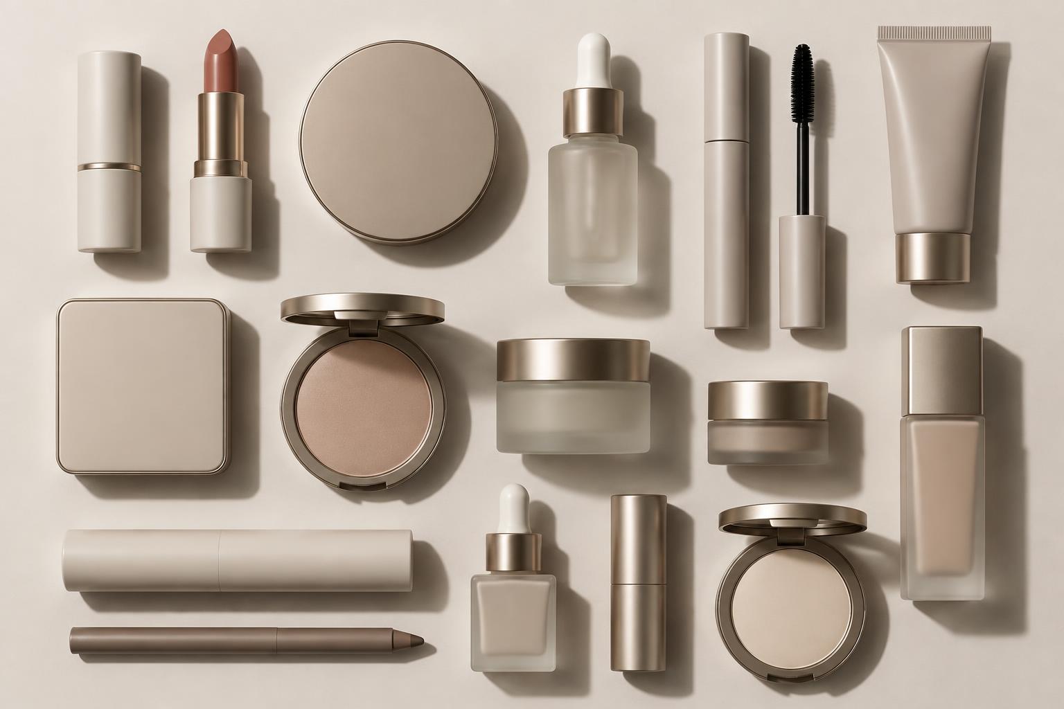 Unbranded cosmetic packaging components arranged in a grid