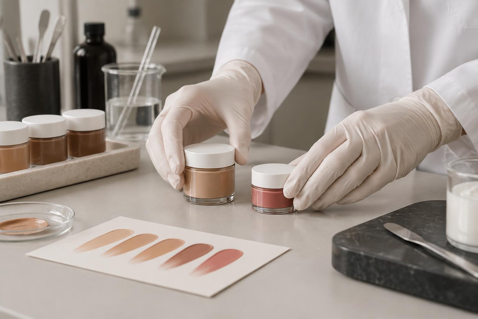 Cosmetic samples prepared on a laboratory bench with a shade swatch card